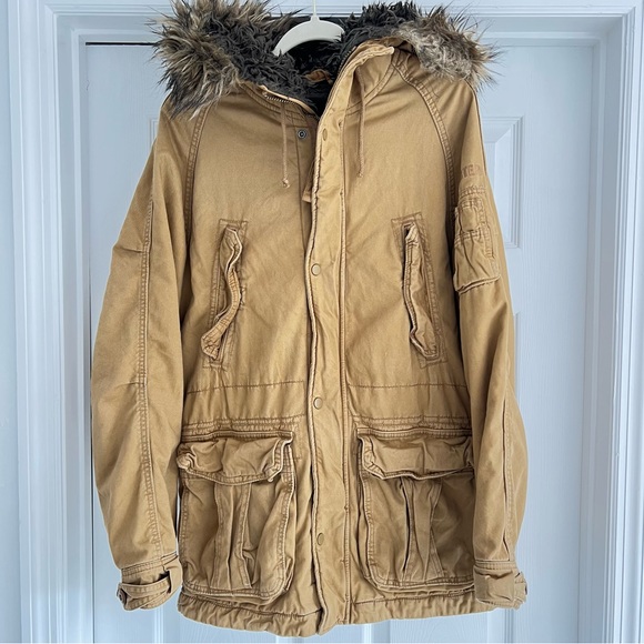 HOLLISTER Hooded Faux Fur Fully Lined Jacket Utility Coat Tan Khaki S - Picture 2 of 12